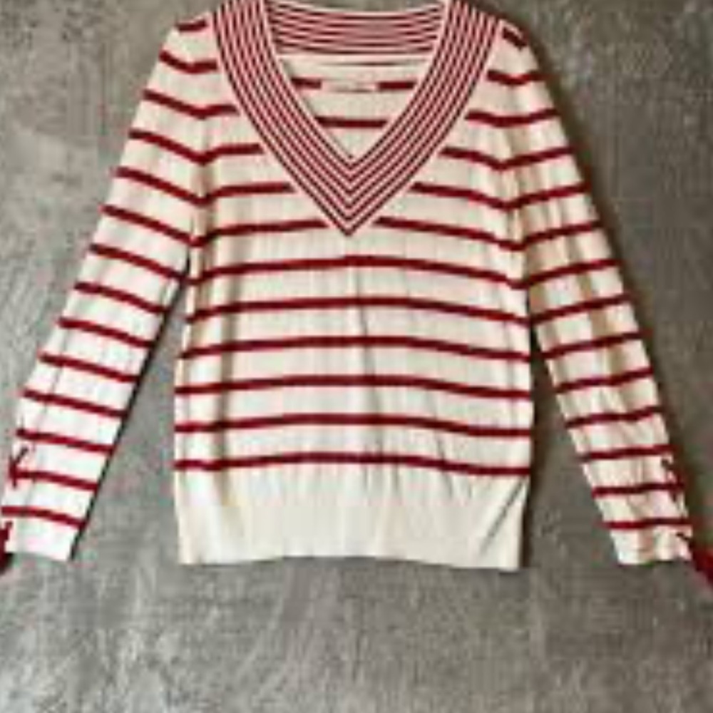 Anthropologie V-Neck Sweater in Red and White Stripes x small